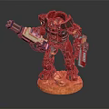 Red Armored Mechanical Warrior Holding Futuristic Weapons on Detailed Brown Base