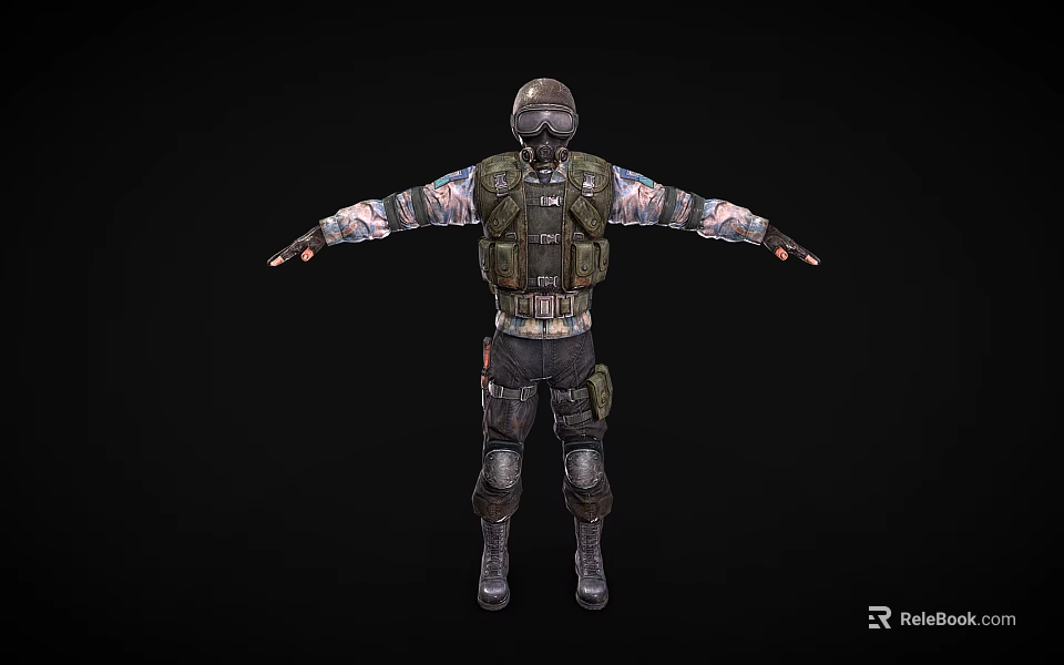 Game Movie Character In Tactical Gear With Helmet Knee Pads And Camo Arms 3d model 