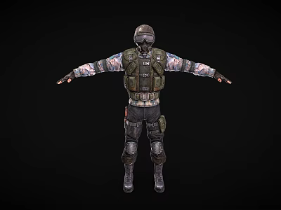 Game Movie Character In Tactical Gear With Helmet Knee Pads And Camo Arms 3d model