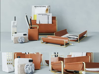 Stylish Leather Office Desk Organizers With Gold Frame And Stationery Storage 3d model