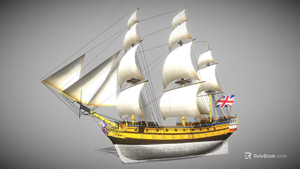 Sailing Ship With White Sails Yellow Hull And British Flag On Deck 3d model 