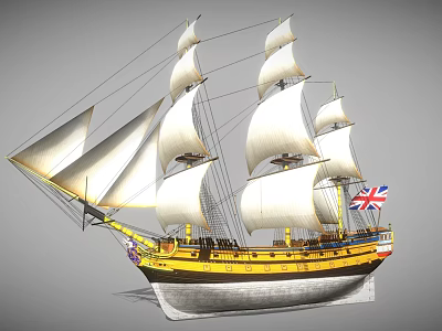 Sailing Ship With White Sails Yellow Hull And British Flag On Deck 3d model