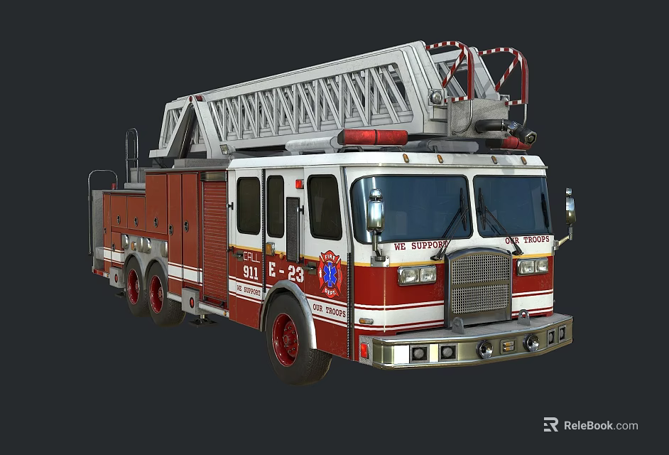 Red and White Fire Truck with Extended Ladder for Emergency Rescue Operations 3d model 