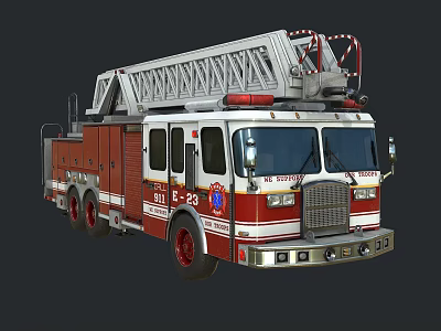Red and White Fire Truck with Extended Ladder for Emergency Rescue Operations 3d model