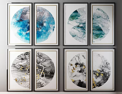 Multiple Framed Abstract Paintings Featuring Blue Green Black White And Gold Color Accents 3d model