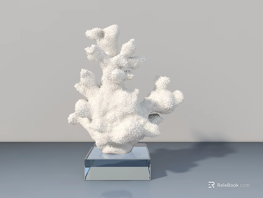 White Coral Shaped Sculpture Displayed On Transparent Square Base With Gray Background 3d model