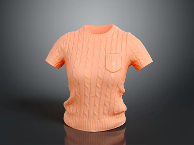 Orange Knitted Short Sleeve Sweater With Cable Knit Texture And Chest Pocket 3d model