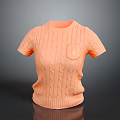Orange Knitted Short Sleeve Sweater With Cable Knit Texture And Chest Pocket