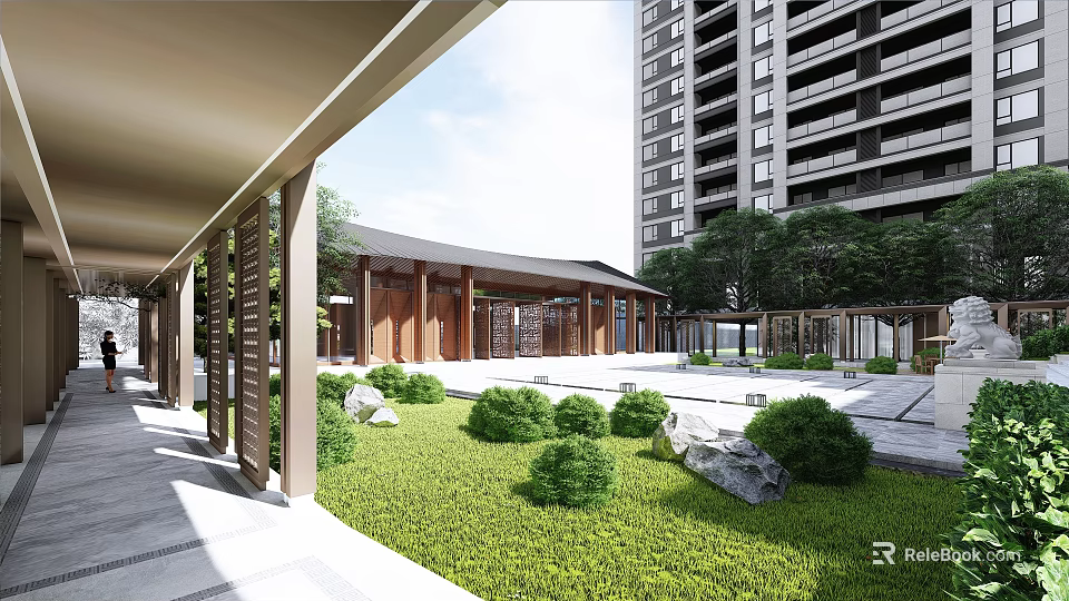 Modern Sales Office Building Design With Wooden Structure And Courtyard Greenery 3d model 