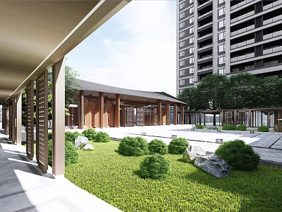 Modern Sales Office Building Design With Wooden Structure And Courtyard Greenery 3d model