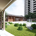Modern Sales Office Building Design With Wooden Structure And Courtyard Greenery