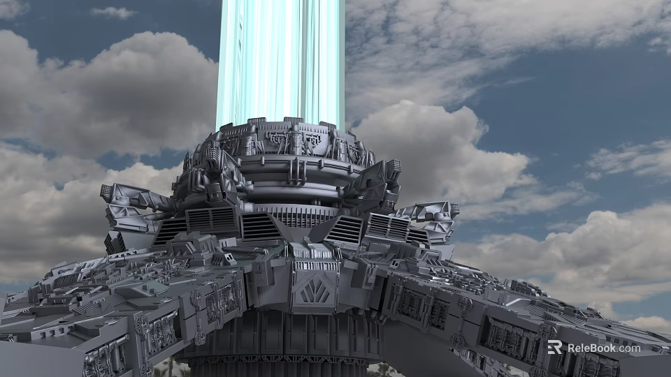 Cartoon Scene Featuring Giant Gray Mechanical Structure With Blue Light Beam In Cloudy Sky 3d model 