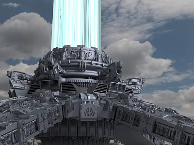 Cartoon Scene Featuring Giant Gray Mechanical Structure With Blue Light Beam In Cloudy Sky 3d model