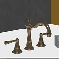 Vintage Golden Three Piece Faucet on White Countertop with Dark Gray Yellow Walls Green Stone