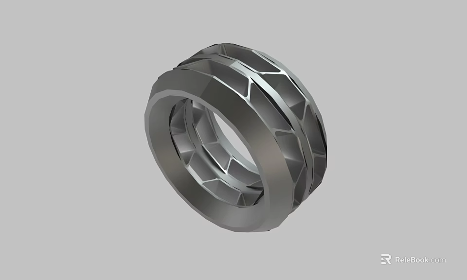 Gray Metal Mechanical Ring With Intricate Geometric Textured Surface Design 3d model