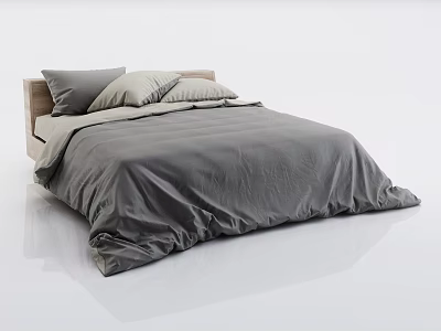 Modern Double Bed With Neatly Arranged Gray Bedding And Wooden Headboard 3d model