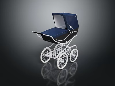 Classic Blue Baby Stroller With White Frame Wheels And Elegant Canopy Design 3d model