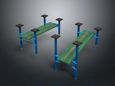Two Outdoor Benches With Green Wooden Planks Blue Metal Frames And Black Support Blocks 3d model