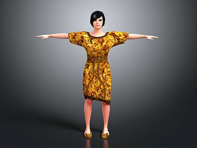 Woman in Yellow and Black Patterned Dress with Short Hair and Outstretched Arms 3d model