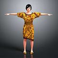 Woman in Yellow and Black Patterned Dress with Short Hair and Outstretched Arms