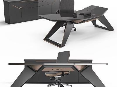 Modern Office Desk with Black Chair Geometric Legs Side Cabinet and Contemporary Design 3d model