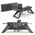 Modern Office Desk with Black Chair Geometric Legs Side Cabinet and Contemporary Design