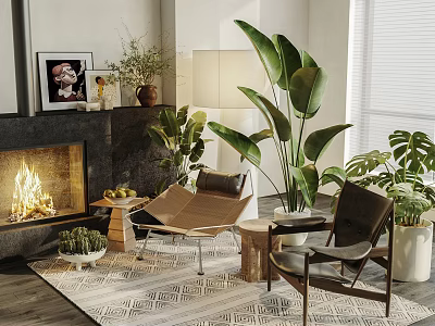 Cozy Living Room Interior With Two Chairs Side Table Fireplace Green Plants And Rug 3d model