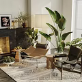 Cozy Living Room Interior With Two Chairs Side Table Fireplace Green Plants And Rug