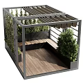 Modern Pergola Design With Metal Frame Glass Panels Bench And Surrounding Greenery