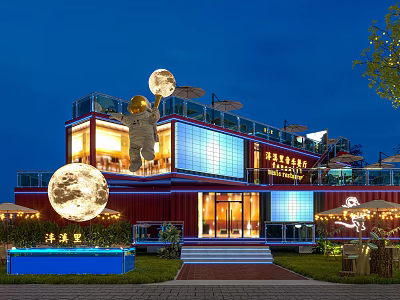 Modern Illuminated Container Building Exterior Night View with Ocean Theme Moon Decorations and Front Steps 3d model