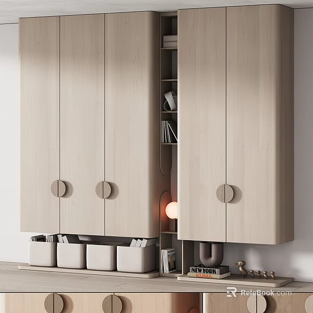 Modern Decorative Cabinet Light Wood With Round Handles Open Shelf Storage Boxes And Warm Lighting 3d model