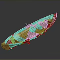 Vintage Wooden Water Transport Boat With Blue Edges And Interior Structure
