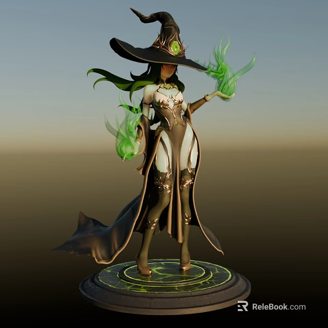 Mystical Game Movie Character With Wide Brimmed Hat Green Hair And Green Magical Flames 3d model 