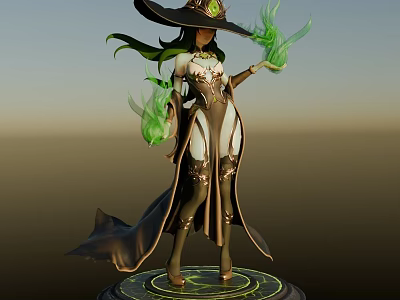 Mystical Game Movie Character With Wide Brimmed Hat Green Hair And Green Magical Flames 3d model