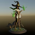 Mystical Game Movie Character With Wide Brimmed Hat Green Hair And Green Magical Flames