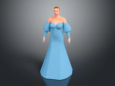 3D Game Movie Female Character In Blue Long Dress With Puffed Sleeves And Strapless Design 3d model