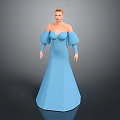 3D Game Movie Female Character In Blue Long Dress With Puffed Sleeves And Strapless Design