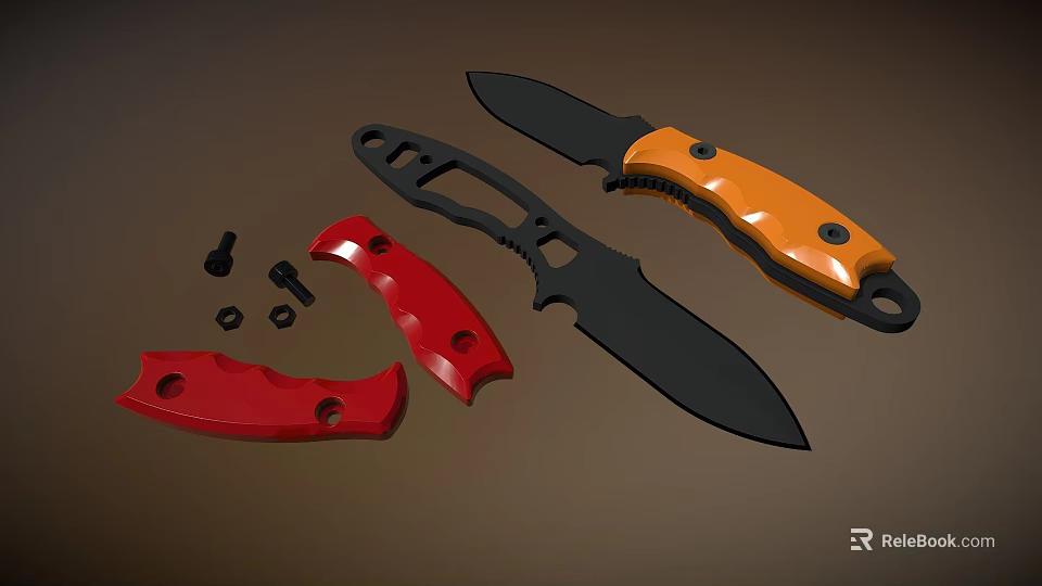 3D Rendered Tactical Knives With Black Orange Handles Red Parts And Metal Screws 3d model 