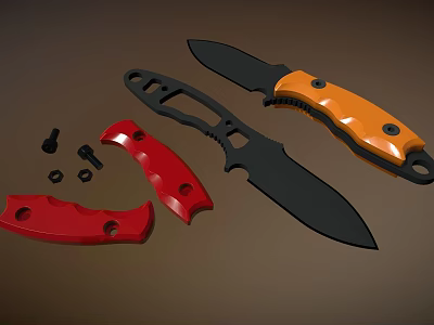 3D Rendered Tactical Knives With Black Orange Handles Red Parts And Metal Screws 3d model