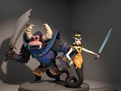 Mythical Snake Tailed Female Character Standing With Horned Monster Holding Swords 3d model