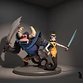 Mythical Snake Tailed Female Character Standing With Horned Monster Holding Swords