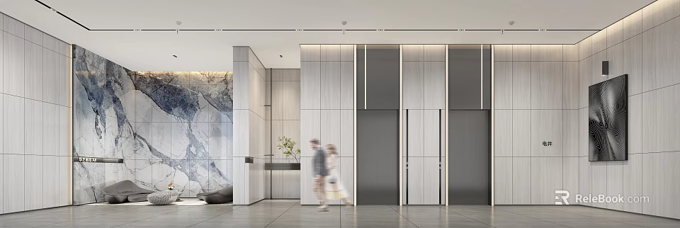 Modern Elevator Lobby Interior With Wall Art Greenery And Passersby 3d model