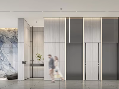 Modern Elevator Lobby Interior With Wall Art Greenery And Passersby 3d model