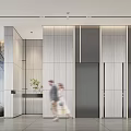 Modern Elevator Lobby Interior With Wall Art Greenery And Passersby 3d model