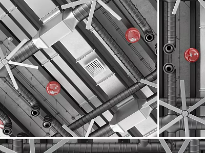 Industrial Metal Pipeline System With Interconnected Red Valves And Mechanical Structures 3d model