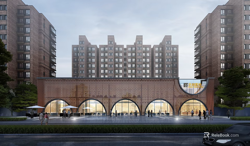 Sales Office Building With Brick Exterior Arched Windows Front Plaza People Walking Surrounding Residential High Rises Illuminated 3d model 