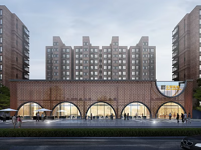 Sales Office Building With Brick Exterior Arched Windows Front Plaza People Walking Surrounding Residential High Rises Illuminated 3d model