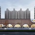 Sales Office Building With Brick Exterior Arched Windows Front Plaza People Walking Surrounding Residential High Rises Illuminated