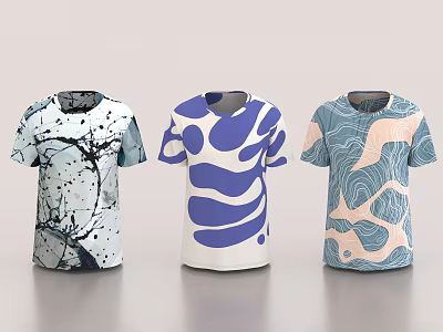 Three T shirts With Different Artistic Patterns 3d model