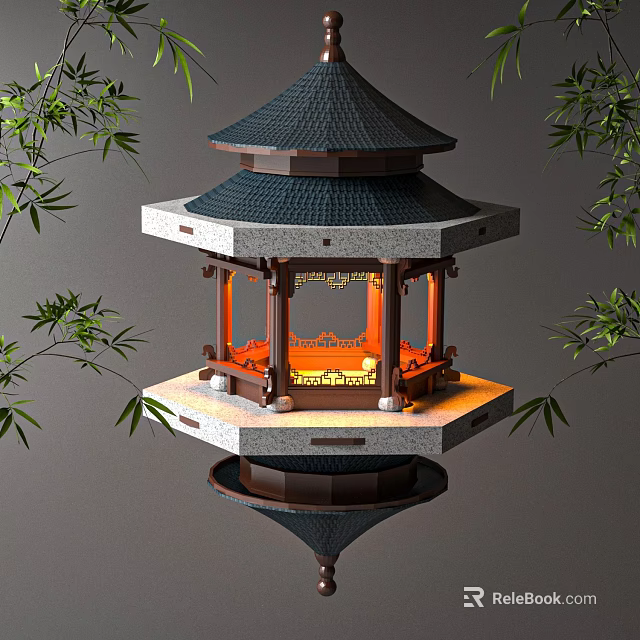 Traditional Pagoda Shaped Chandelier With Black Roof Multi Layered Structure Illuminated Interior And Bamboo Leaves 3d model 